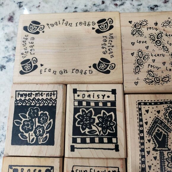 A Stamp In The Hand Co Wood Backed Rubber Stamp Lot Hearts Flowers Coffee Sun - Picture 2 of 10